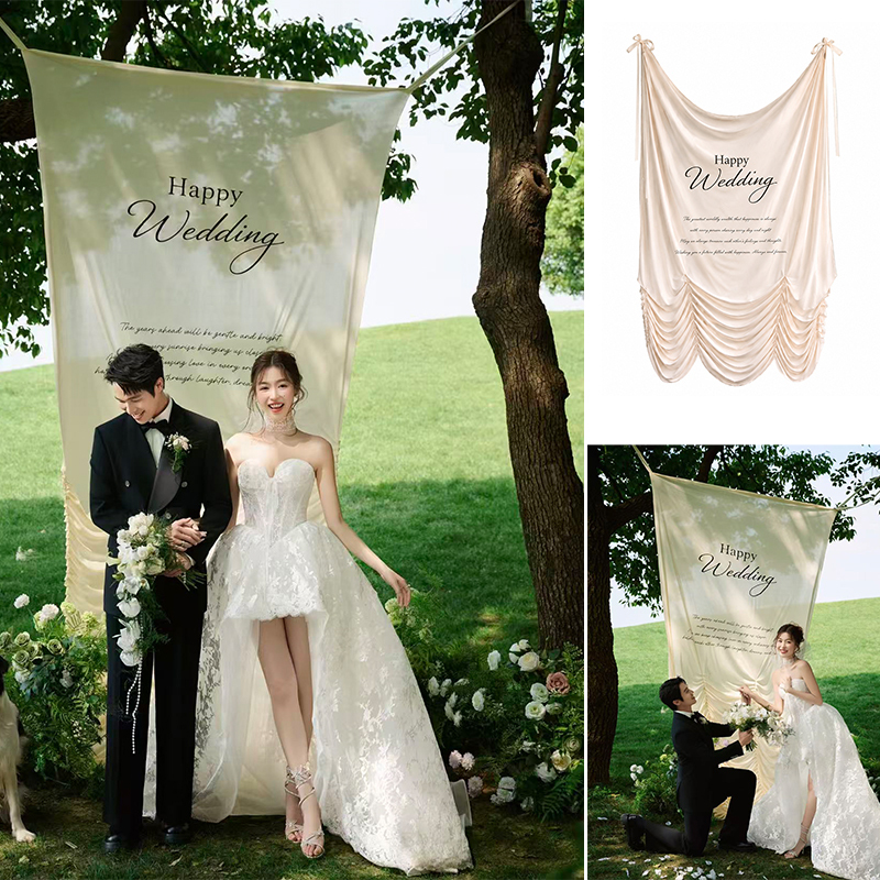 Welcome Pleated Hanging Cloth with High-End Cream Drape Effect, Background Cloth for Outdoor Lawn Area Photo Shoots and Decoration Welcome Pleated Hanging Cloth with High-End Cream Drape Effect, Background Cloth for Outdoor Lawn Area Photo Shoots and Decoration