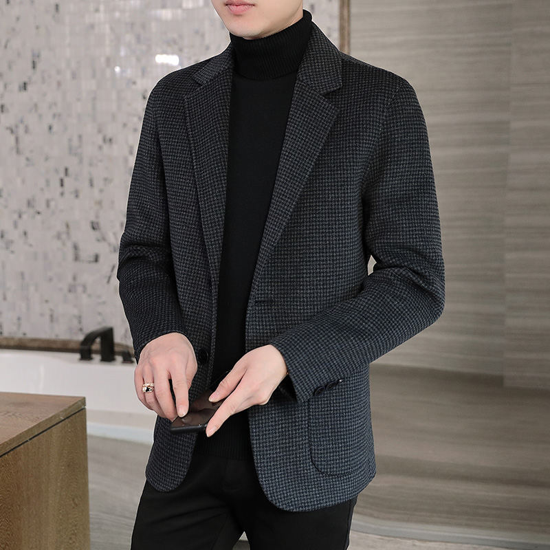 Autumn and winter new woolen coat men's short houndstooth wool small suit British woolen coat double-sided woolen coat