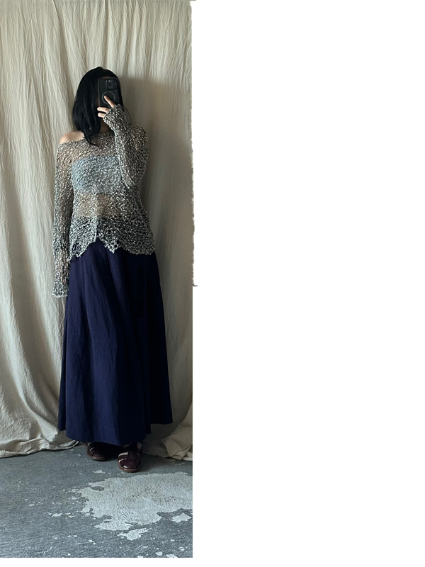 Blue Tower - Heavy Weight Linen Casual Pleated Skirt/Yanwei Blue