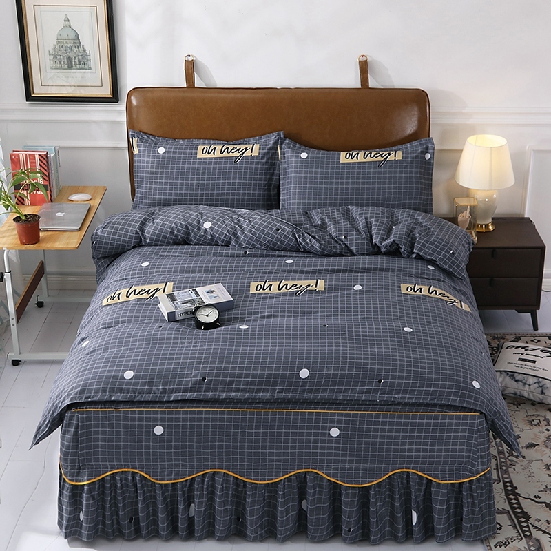 Small frescoed pure cotton full cotton bed skirt type 4 pieces cover 4 pieces of lace bedside bed Three sets of non-slip bedding