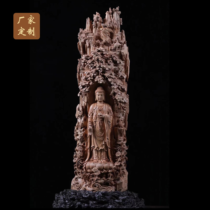 Old Mountain Honolulu Sculpture Buddha Statue of Guanyin Amitaba Buddha Sakamoni Buddha's Living Room Xuanguan Feng Shui Geng Feng Shui Root Carving