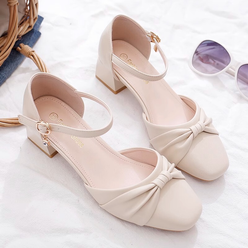 Brand Genuine Leather Closed-Toe Sandals for Women, 2026 Summer New Style, Chunky Heel, Bow High Heels, French Style Single Shoes for Women Brand Genuine Leather Closed-Toe Sandals for Women, 2026 Summer New Style, Chunky Heel, Bow High Heels, French Style Single Shoes for Women