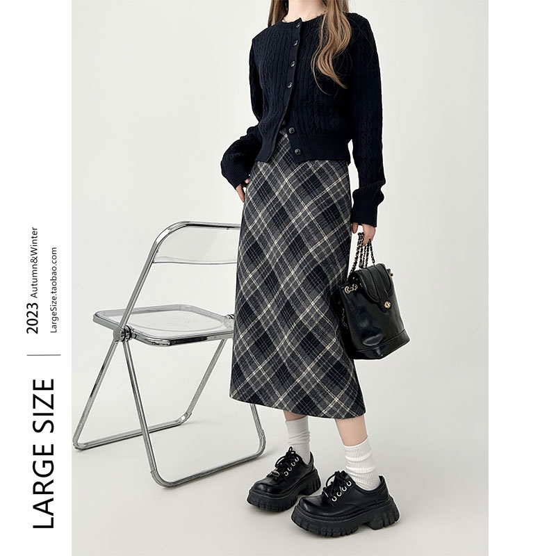 Big Code Fat Mm American Retro Plaid Bag Hip Half Body Dress Woman Autumn Winter Expats Slim Fit a long and slightly fat skirt-Taobao