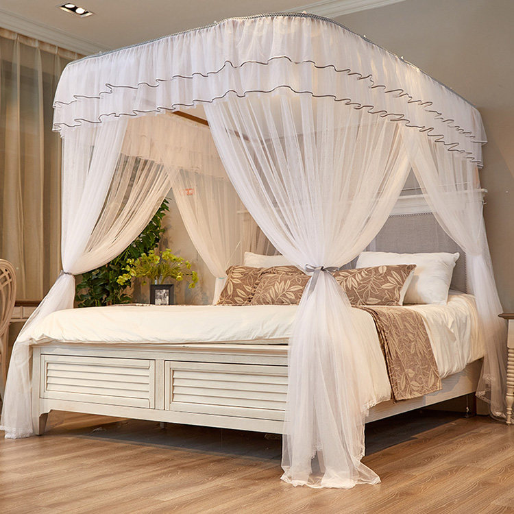 IKXO modern wind home U type mosquito net three doors anti-mosquito light and luxurious white high-end stainless steel rail floor