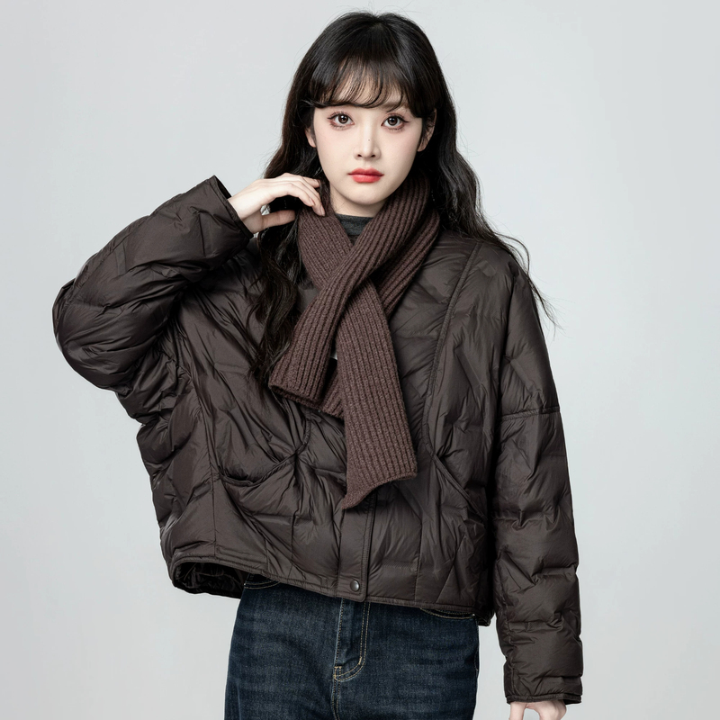 Brown Lightweight down Cotton Jacket for Women, Short Style, Winter Loose Fashion Cotton Coat, Thickened Stand Collar Cotton-Padded Jacket, High-End Feel Outerwear