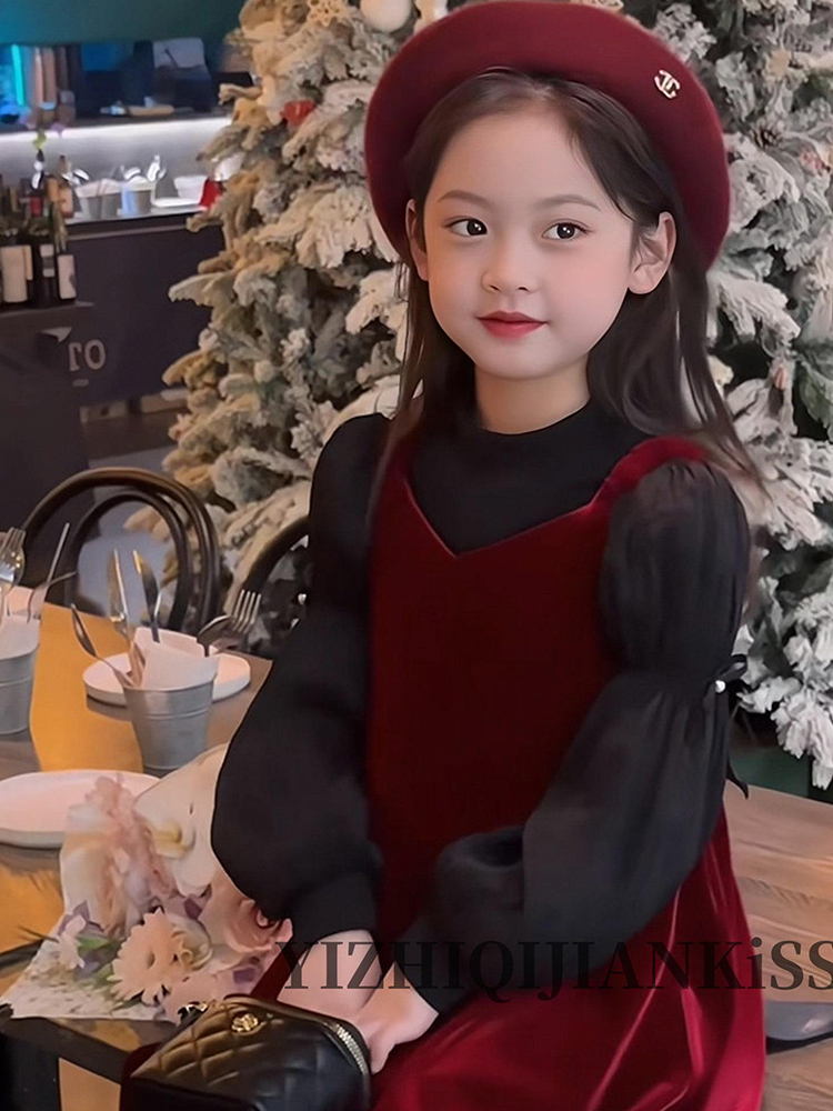 Girl girl gush with dress autumn and winter clothing new 2023 children's skirts little girl princess dresses New Year's Eve suit-Taobao