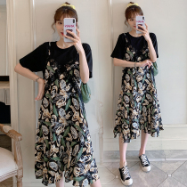 Pregnant woman summer clothing blouses big code fashion snow spinning with dress Chauded with loose Korean version fake two sets of long skirts