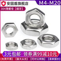 304 Stainless steel fine tooth hexagon thin nut screw cap M4M5M6M8M10-M20*0 5x0 75x1 25 teeth