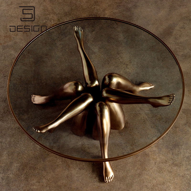 Modern creative art round table living room dining room electroplating brass legs coffee table fashion net red cafe leisure table