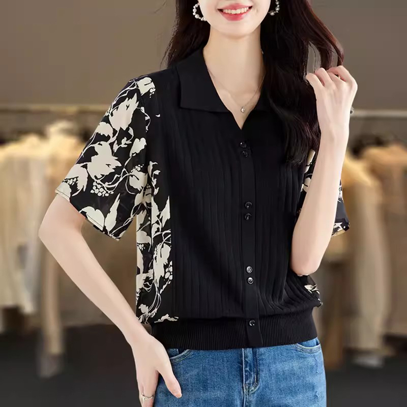 Beiluo La Short-Sleeve T-Shirt for Women with Lace Splicing, 2026 New Style, Thin and Loose Knit Top with a High-End Feel for Women