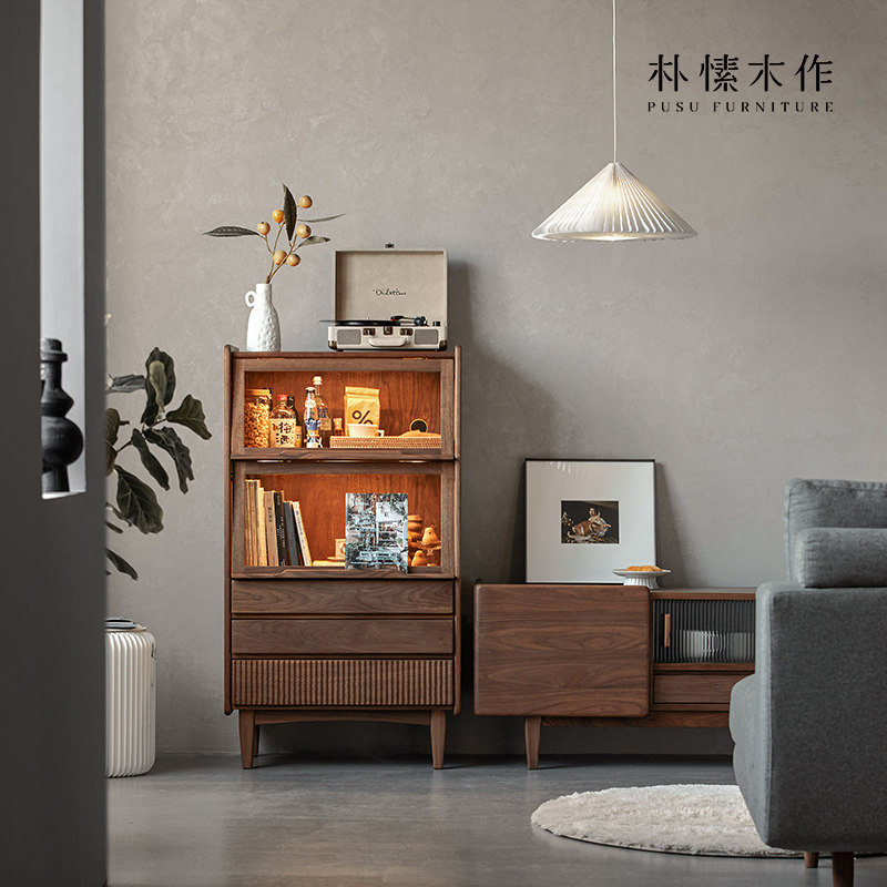 Plain and wood for sunset Nordic five bucket cabinets solid wood Black Houpeaches Dining Room Sofa side cabinets light and luxurious storage