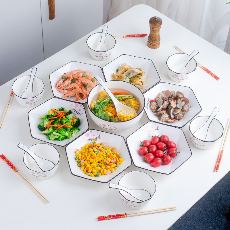 Nordic Parquet Creative Hexagon Plate Ceramic dinner plate Home Chinese New Year Round Table Swing Pan Sector Plate Soup Bowl Cutlery