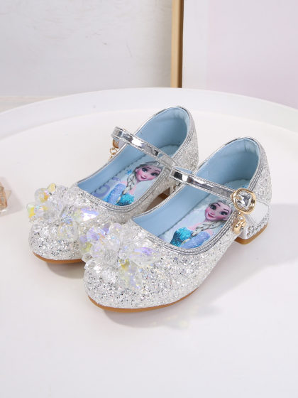 女童公主鞋艾莎春秋新款爱莎水晶鞋宝宝魔术贴鞋子蓝色儿童高跟鞋