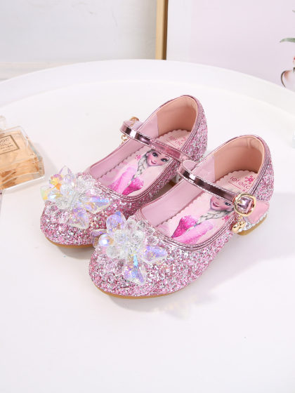 女童公主鞋艾莎春秋新款爱莎水晶鞋宝宝魔术贴鞋子蓝色儿童高跟鞋