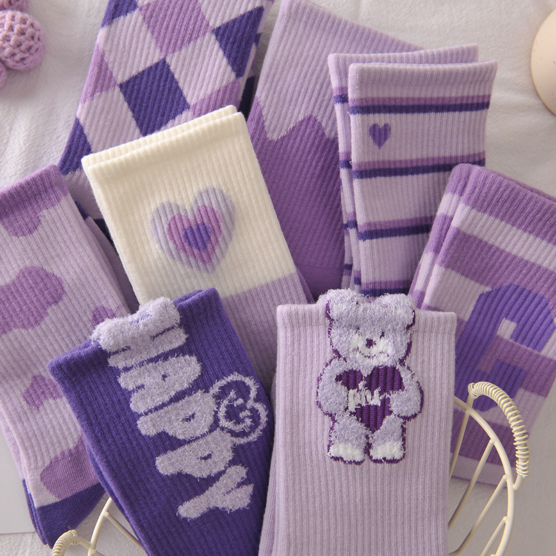Purple Socks for Women, Mid-Calf Socks for Spring and Autumn, Trendy Pure Cotton, Trendy Sports Socks, Cartoon Cute Feather Yarn Long Socks