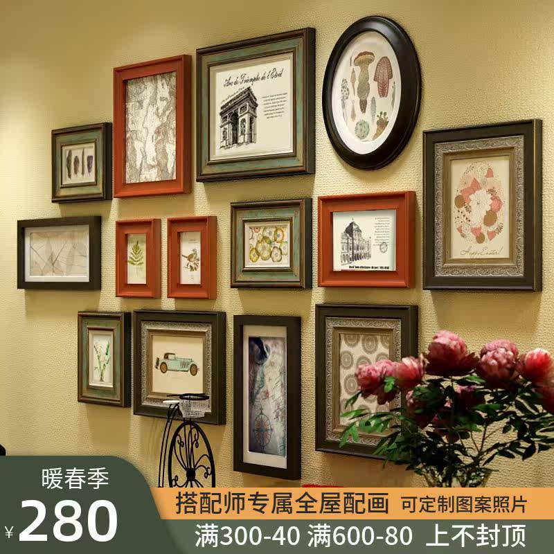Solid wood photo wall American living room background wall combination painting creative European style photo frame wall dining room hanging wall decoration customization