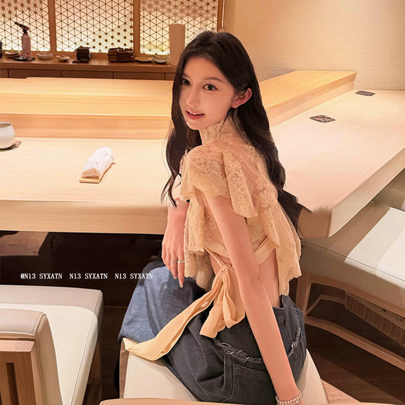 N13 Syxatn/French-Style Gentle Ruffle Lace Blouse 2026 Spring/Summer Design Tie-Up Top for Women