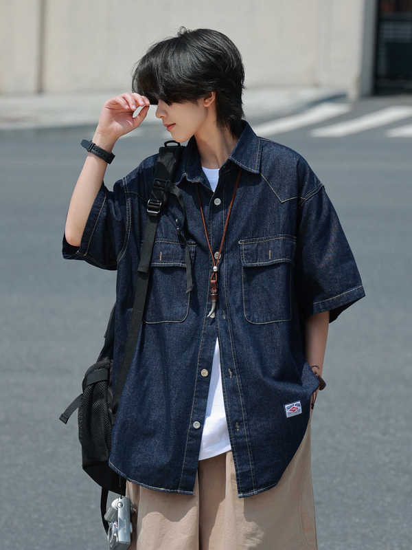 19Otiwtt Summer Japanese Retro Denim Washed Short-Sleeve Shirt Casual Loose Workwear Half-Sleeve Shirt for Couples