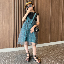 Girl Braces Dress Dress 2023 New Foreign Air CUHK Child Summer Clothing Childrens Summer Trendy Suit Skirt