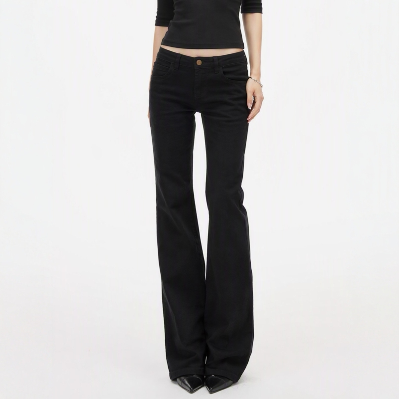 Myfaerie American-Style Black Flared Jeans for Women, Low-Waisted, Stylish, Slimming, Hot Girl Washed Slim-Fit Pants