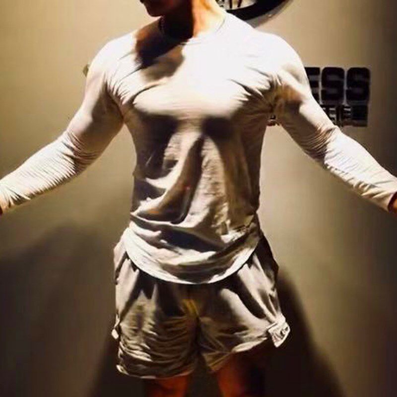 Fitness clothing men's spring and autumn sports long-sleeved T-shirt muscle training three-quarter sleeves breathable tight elastic bottoming shirt top