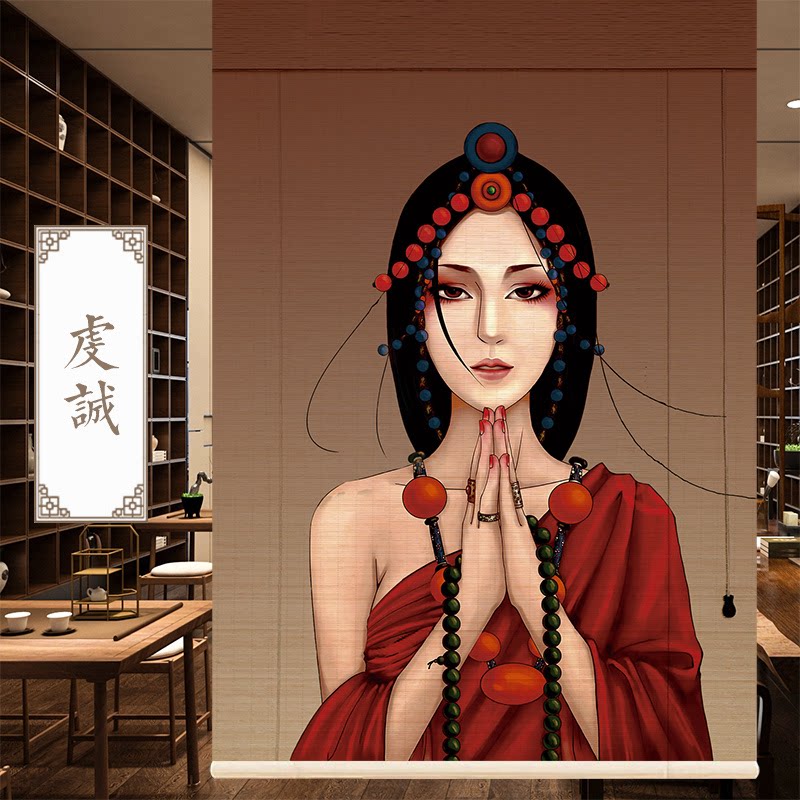 New Chinese-style tea room background printing opera Beijing opera Huadan dining bamboo curtain curtain maid beauty hanging painting door curtain