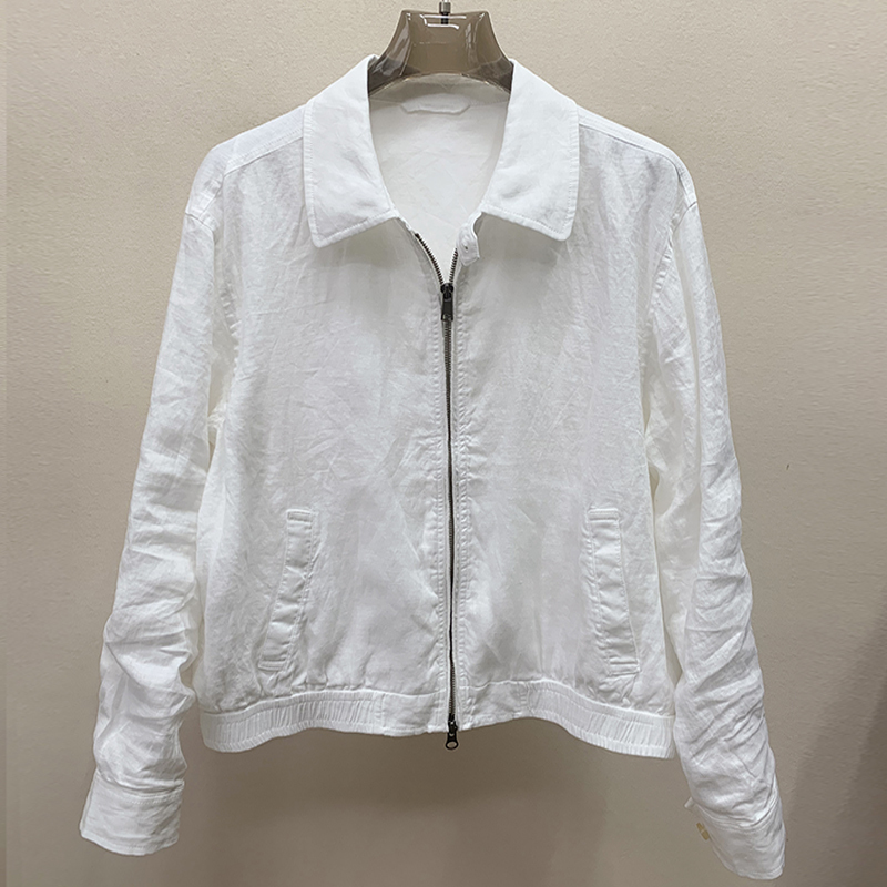 French Slotted Linen Two-Way Zipper Lapel Jacket Fully Lined Anti-See-Through Loose Short Outwear for Women