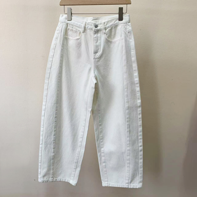 Turkish White Denim~ Yarn-Dyed Twill Cotton 3D Cut Slightly Curved Loose Straight White Cropped Jeans for Women