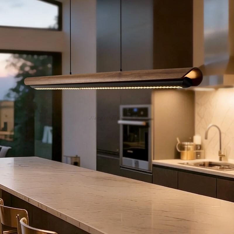 Vintage-Style Black Walnut Wood Dining Room Pendant Light, Simple Island Bar Table Dining Table with a High-End Feel, Linear Strip Light Fixture Vintage-Style Black Walnut Wood Dining Room Pendant Light, Simple Island Bar Table Dining Table with a High-End Feel, Linear Strip Light Fixture