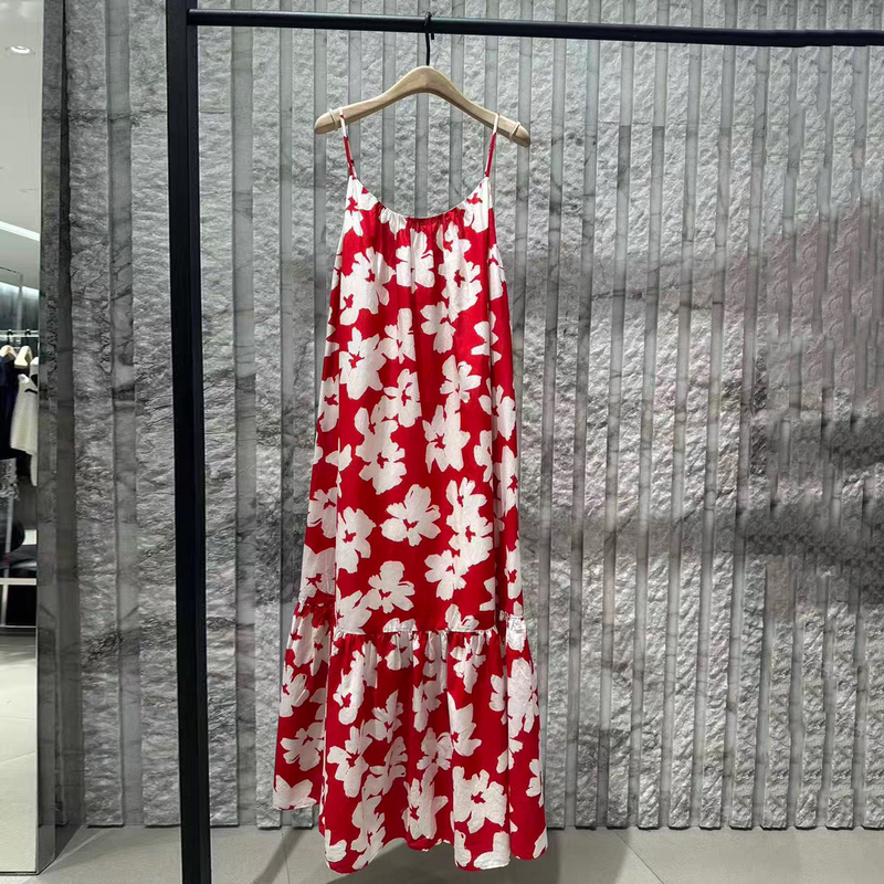 Authentic Suspender Dress 2026 Summer New Silk Cotton Red Floral Backless Tiered Dress Mbf2Drs101