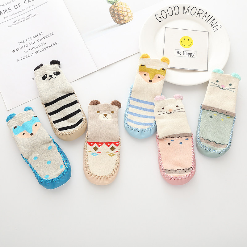 Autumn and winter baby non-slip shoes and socks children's leather socks baby toddler socks terry non-slip floor socks plus velvet thickened