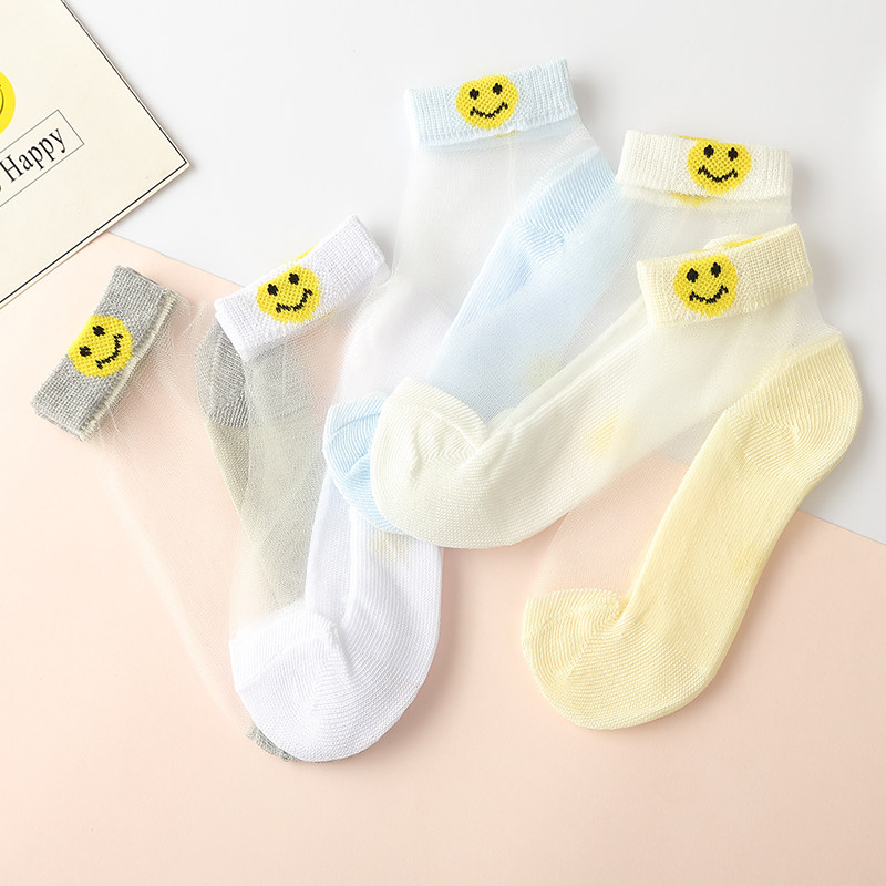 Children Cartoon Glass Silk Socks Short Socks Girl Crystal Silk Socks Spring Summer Thin boy baby smiling face cool short socks