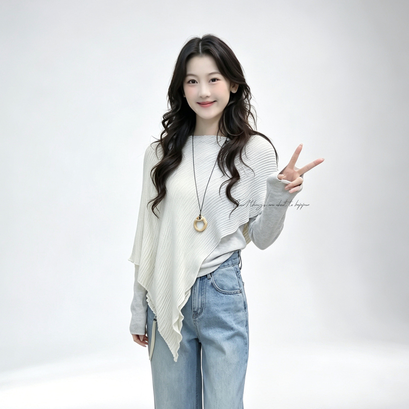【Min Xiaoyi】Nanmo Knitted Sweater for Women, Long Sleeve, Irregular Design, Early Autumn Sweater, Layered Wear, Loose Fit, Versatile Top