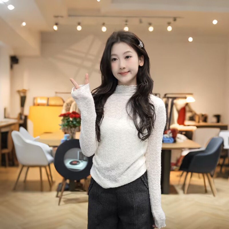 【Min Xiaoyi】Lace Base Layer Early Autumn Turtleneck Sweater for Women, White Versatile Slim-Fit Knit Base Shirt 【Min Xiaoyi】Lace Base Layer Early Autumn Turtleneck Sweater for Women, White Versatile Slim-Fit Knit Base Shirt