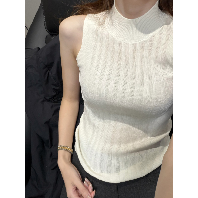 Ah Huang Huang [Slimming High Neck] Triacetate Wool Summer Knitted Sleeveless Base Shirt Women's Vest 2625