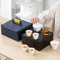 Chinese white porcelain goat fat jade travel tea tray suit outdoor containing bag brief sketch Gongfu tea with gift customization