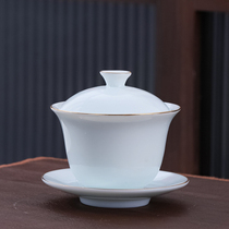 High-end Movie Green Cover Bowl Suit Sketching Goat Fat Jade Porcelain Tea Cup Not Scalding Hands Three Only Tea Bowl Home Utiliti Tea Furniture