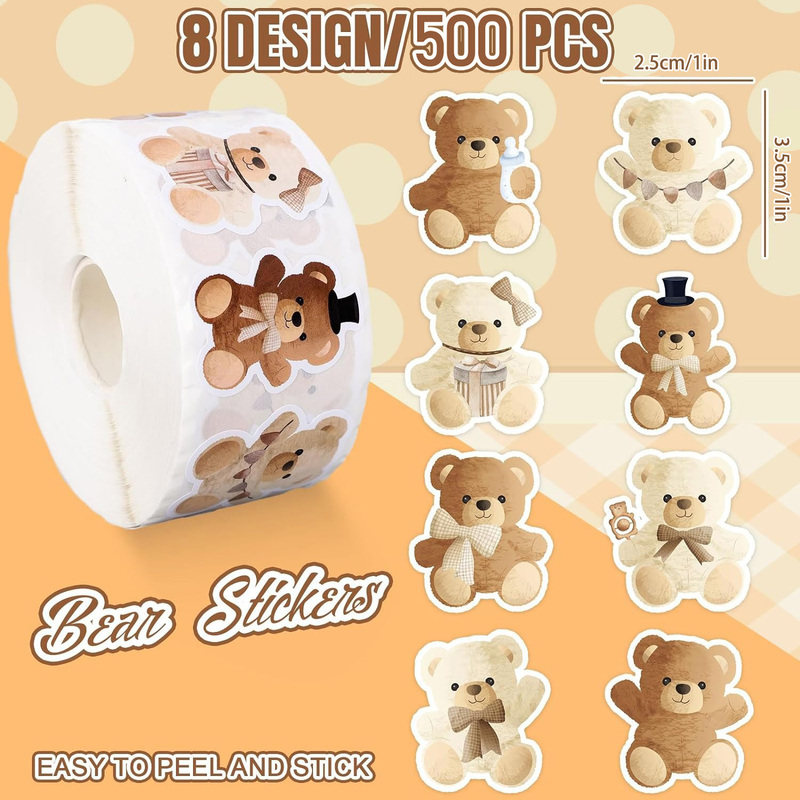 500 Stickers/Roll Plush Teddy Bear Doll Stickers Gift Packaging Baking Sealing Decoration Journal Adhesive Labels