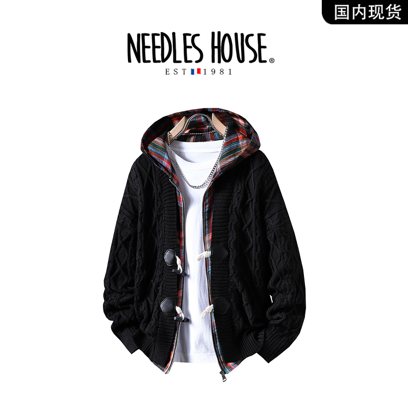 Needles House Jacquard Fake Two-Piece Hooded Sweater for Men, Autumn and Winter Loose and Cool Cardigan Knitwear Jacket Needles House Jacquard Fake Two-Piece Hooded Sweater for Men, Autumn and Winter Loose and Cool Cardigan Knitwear Jacket