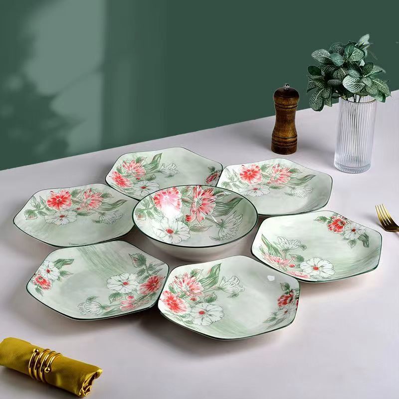 Flower Blossom Prosperity Combination Bowl and Plate Set, Inch Bowl Set, Ceramic High-Value Household Hexagonal Platter Plate with Underglaze Color