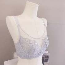 Lace ultra-thin bra sexy full-covered latex cotton crystal cup underwear without steel ring big chest showing small U-shaped beautiful back