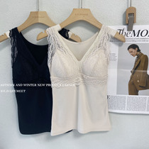 Lace edge sexy slim warm vest womens spring thin section brushed self-heating no trace with chest pad inner wear bottoming