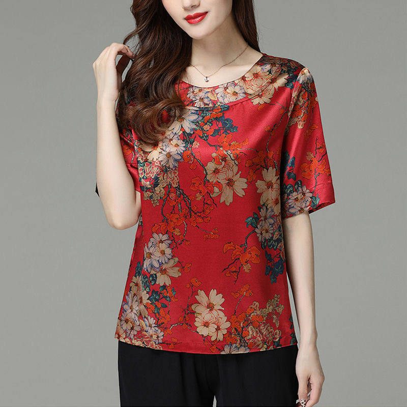 Mid-aged women's clothing Clothing Imitation Ice Silk Blouses Big Size 2020 Summer Loose Round Collar Short Sleeve T-shirt Printed Woman