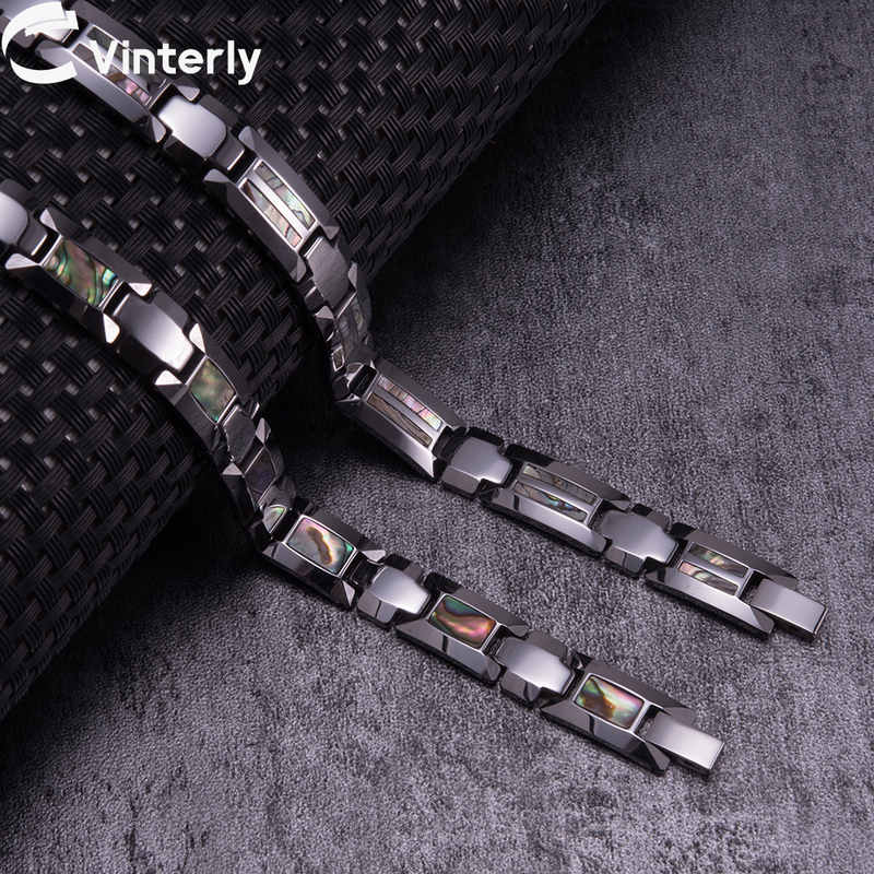 Tungsten Carbide Shell Bracelet for Men Inlaid with Abalone Shell, Anti-Radiation, Anti-Scratch, Waterproof, Black Gallstone Fashion Jewelry for Men