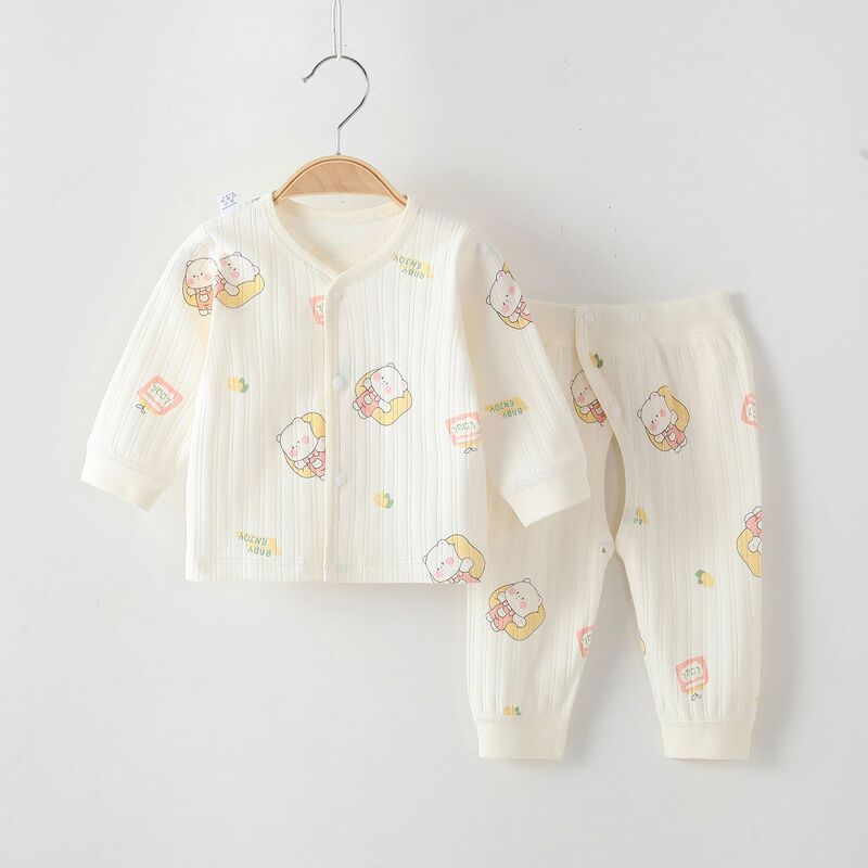 Baby Set Spring and Autumn Style Pure Cotton Seamless Newborn Long-Sleeve Top and Pants with Adjustable Crotch Opening
