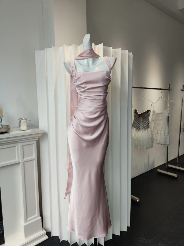 Cb Clothing: Unique Suspender Dress with Ribbons, Niche Formal Dress for Banquets, Babyboo Fishbone Tie, Solid Color Satin
