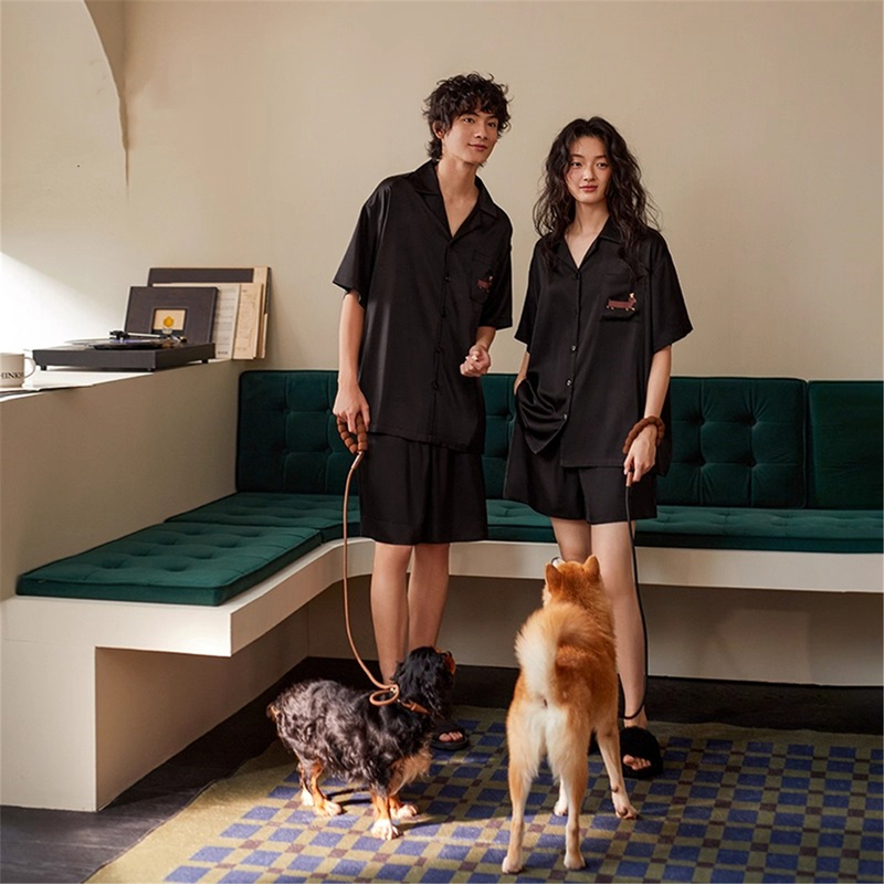 Korsz Silk Couple Pajamas Women's Summer Thin Short-Sleeved Cardigan High-End Home Clothes Two-Piece Set Can Be Weared Outside