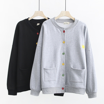 Middle-aged and elderly womens autumn jacket thin cotton button terry loose plus fat plus size mothers long-sleeved top