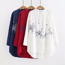 Grandma shirt spring and autumn middle-aged and elderly womens large size cotton and linen embroidery striped long-sleeved loose fat mother shirt top