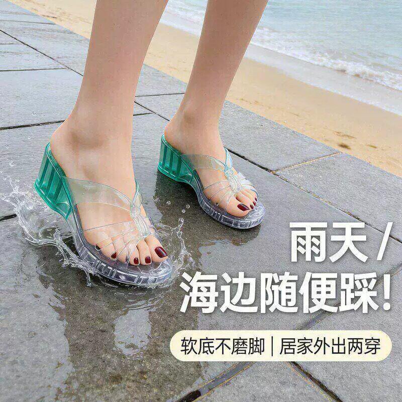 Women's Crystal Slippers Jelly 2026 Summer Jelly Color Thick Heel Thick Sole Outdoor Casual Sandals High Heels